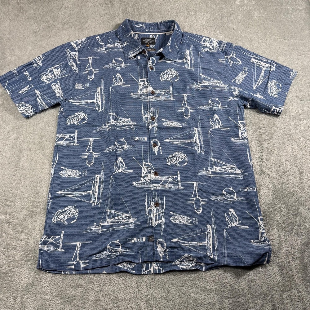 Quiksilver Waterman Shirt Mens XL Blue Nautical\ Short Sleeve Button Up Summer